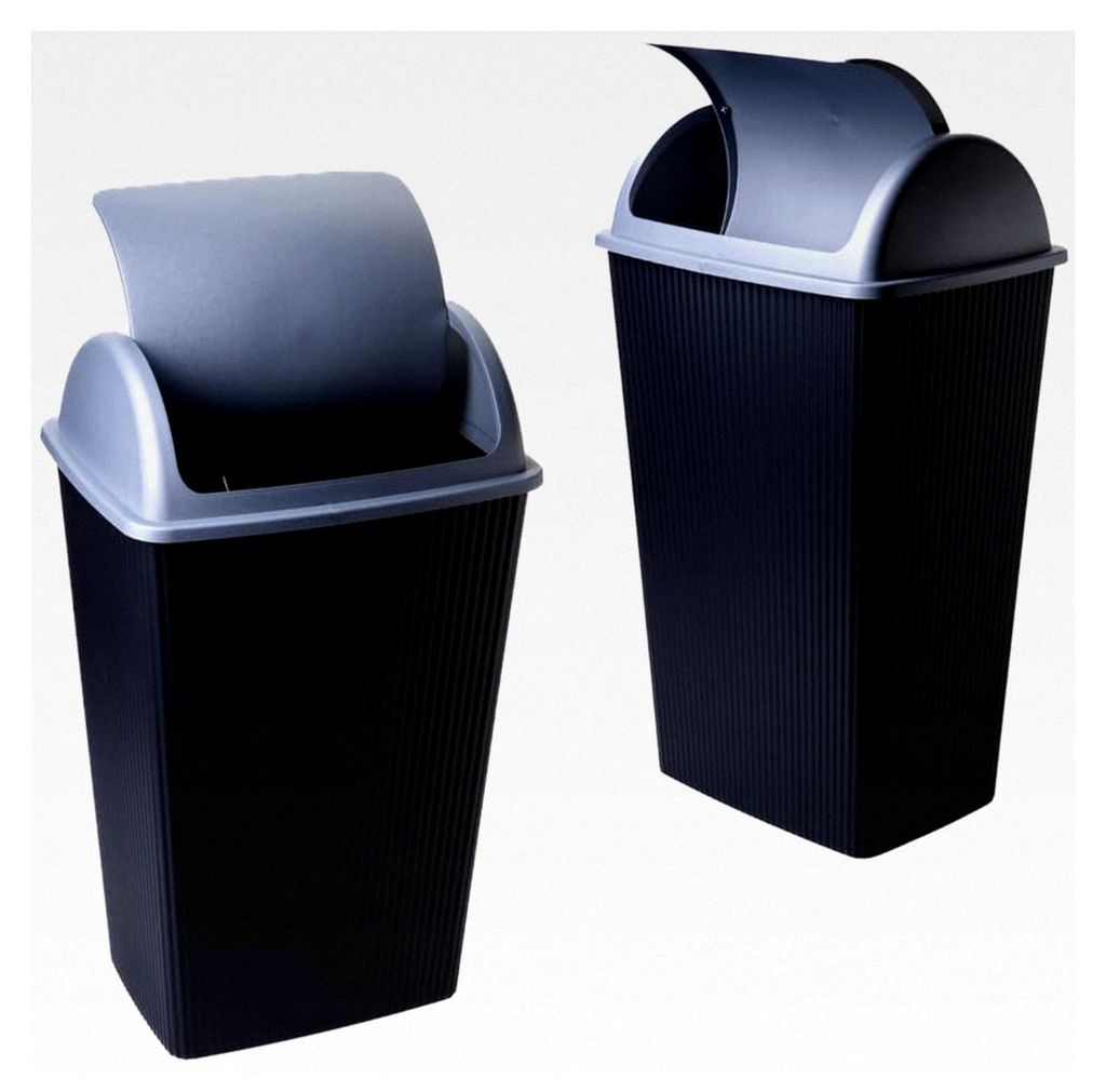 Mülleimer für Küche und Büro 50L, 2er Set - Abfalleimer mit Schwingdeckel, 60x38x26 cm, Robuster, Recycelbarer Kunststoff, Schwarz/Silber, Herg...