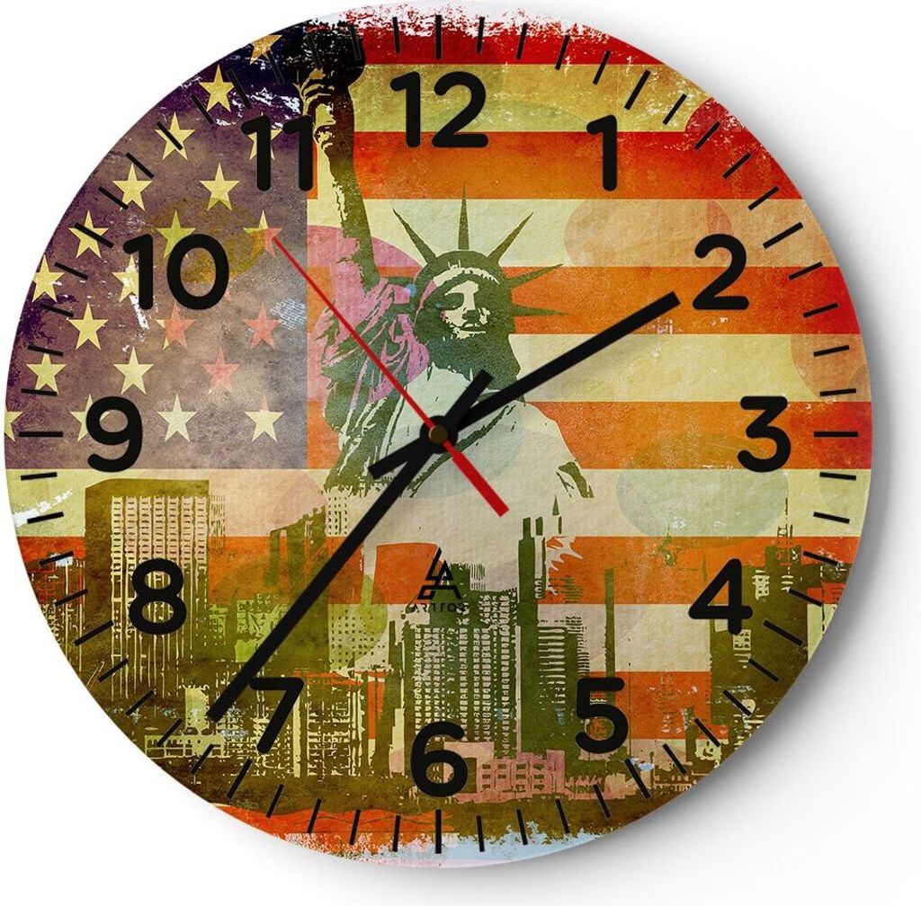 Wanduhr - Rund - Glasuhr - Symbol USA Freiheit - 40x40cm - Schleichendes Uhrwerk - Lautlos - zum Aufhängen bereit - Dekoration Modern - Wanddekora...