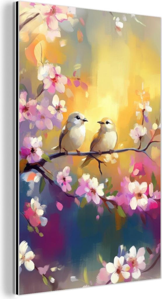MuchoWow Wanddekoration Metall Metallbild Wandkunst 40x60 cm Vögel - Blumen - Rosa MuchoWow Aluminium Gemälde - Wanddekoration aus Aluminium