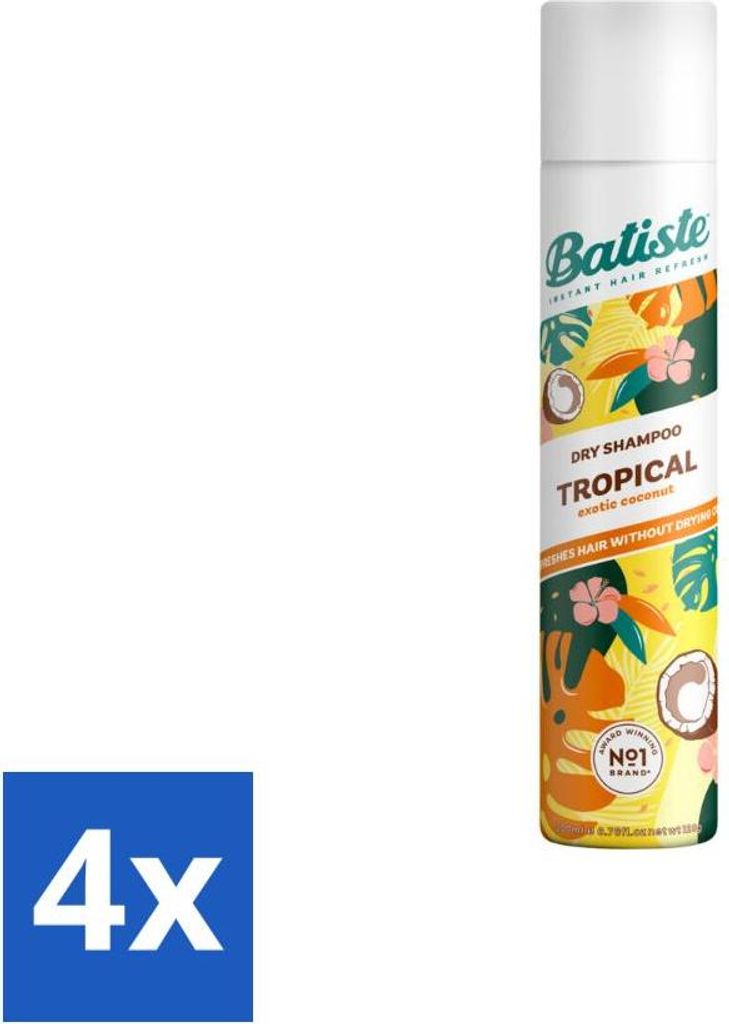 Batiste – Tropical – Trockenshampoo – Tropischer Duft – Erfrischt und stylt – 200 ml - Vorteilspack - 4 Stücke