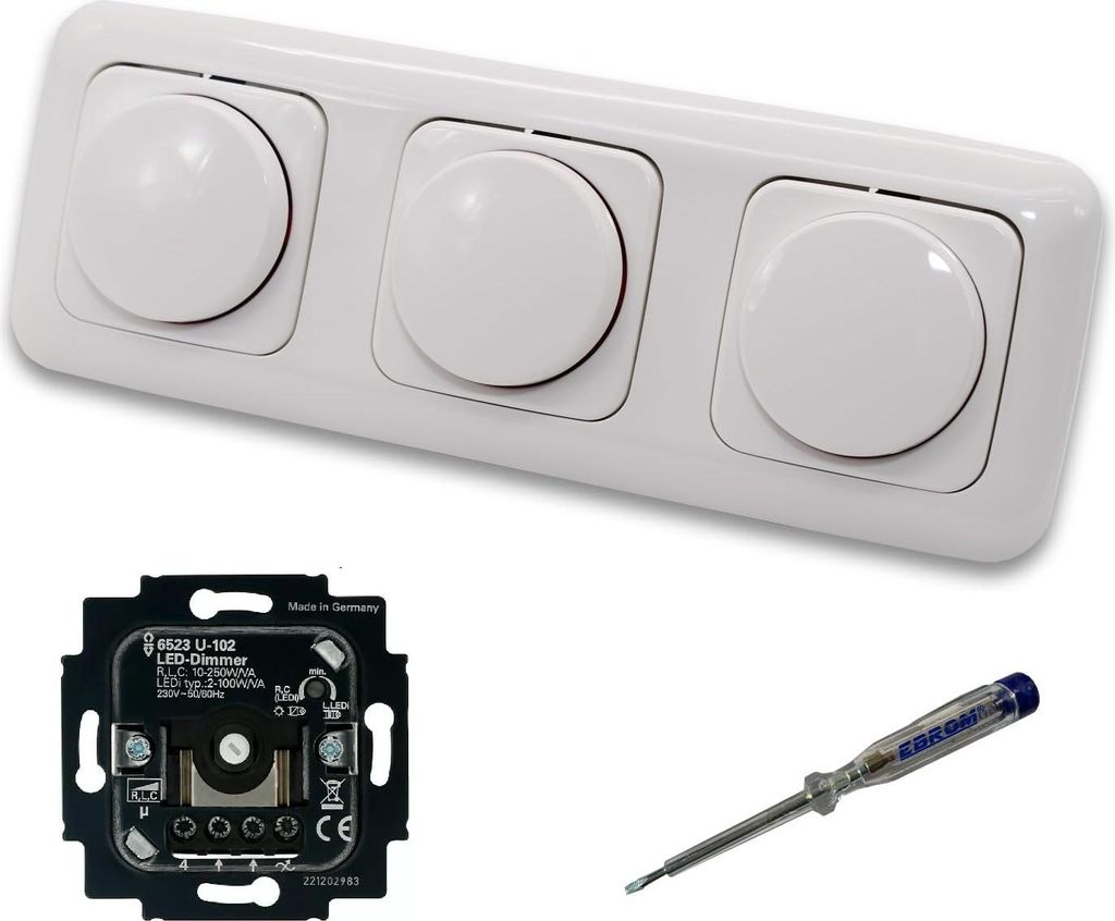 Busch Jäger 6523U-102 (3 Stück) LED Drehdimmer Dimmer + Dimmerscheiben 2115-214 in ReflexSi alpinweiß glänzend im 3-fach Rahmen inkl. EBROM Pha...
