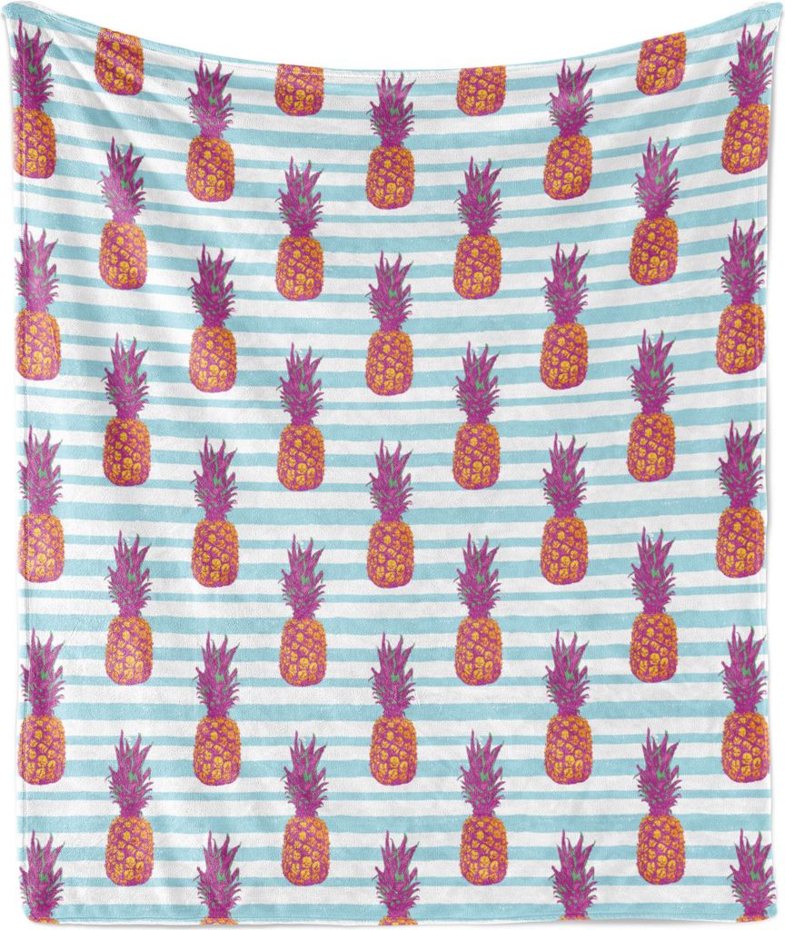 ABAKUHAUS Modern Weich Flanell Fleece Decke, Pop-Art-Themed Ananas Illustration auf blaue Streifen Retro-Töne Drucken, 175 x 230 cm, Dunkle Magent...
