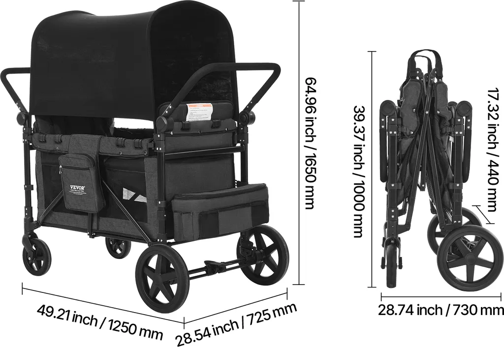 Poussette 4 places VEVOR - Chariot de transport push-pull gris et noir - 8