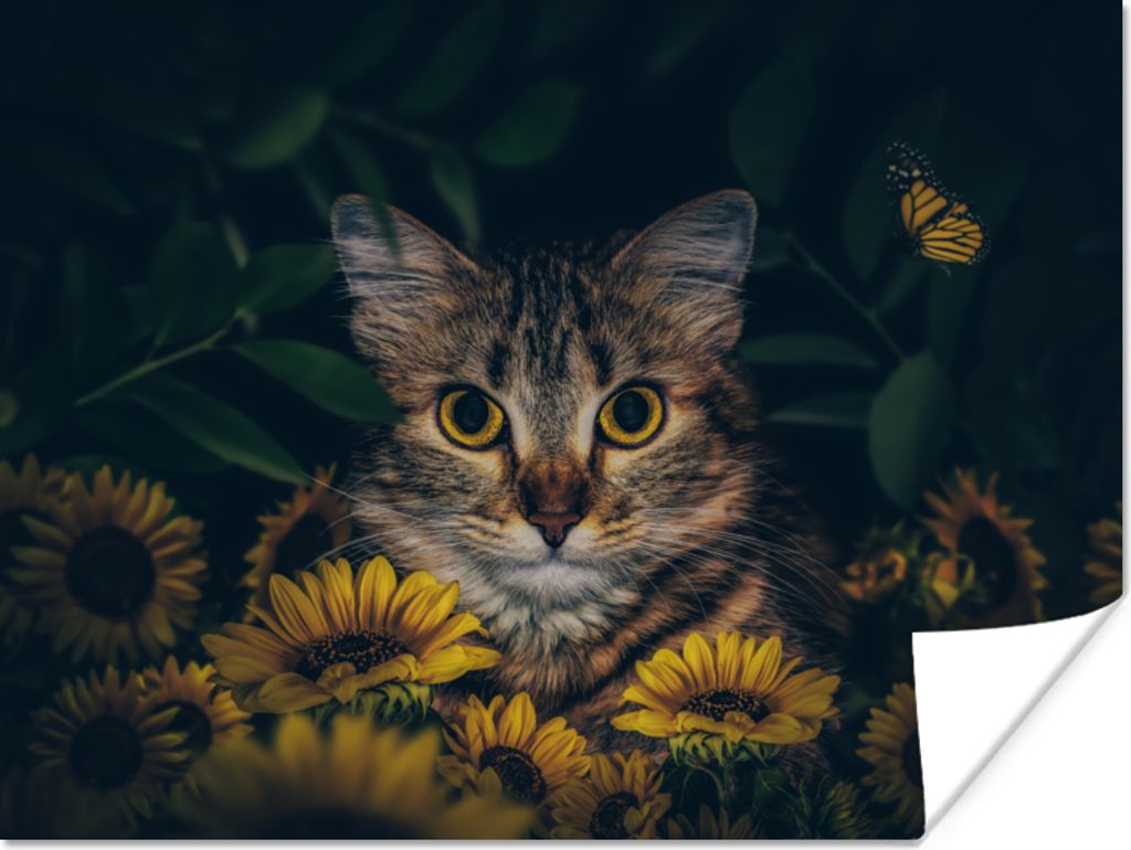 MuchoWow Poster Katze - Gelb - Blumen - Botanisch 80x60 cm - Kunst für zu Hause