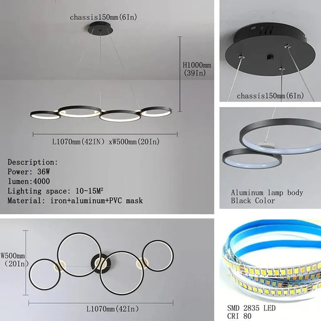 Lustre LED 107cm Noir Mat à éclairage variable avec télécommande - Onyx