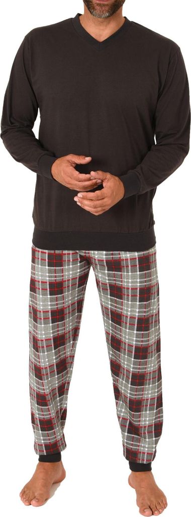 Normann Herren langarm Schlafanzug Pyjama mit Bündchen und karierter Jersey Hose ; anthrazit , 52