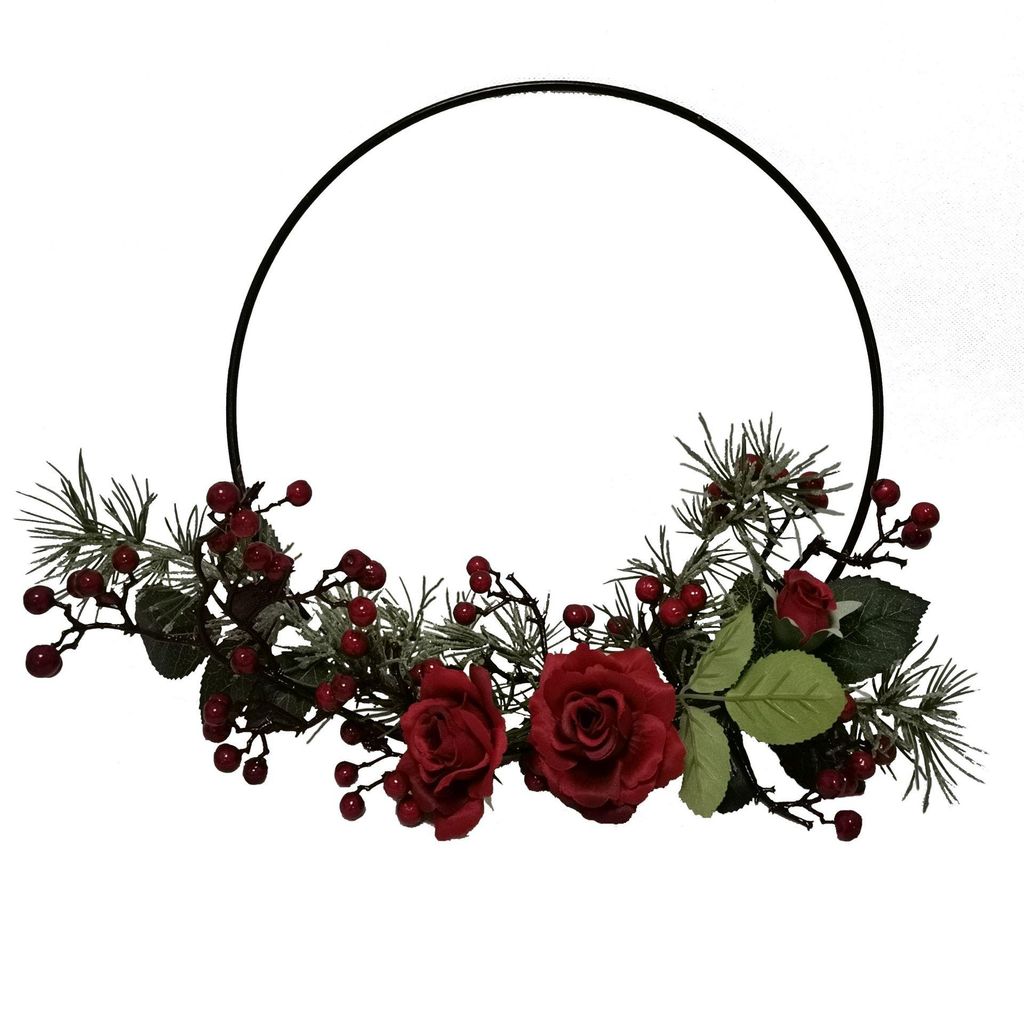 2474U Rosenblütenarrangement im Metallring, Festlicher Wandschmuck Rot 33 cm, Festive Red Winter