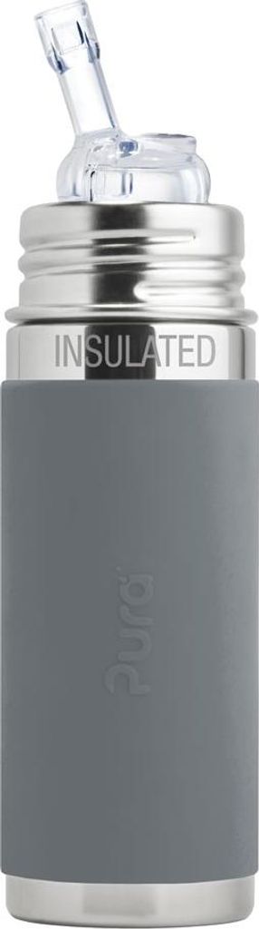 Pura Kiki Isolierflasche mit Strohhalm, Edelstahl mit Silikonhülle Sleeve, 250 ml Grau
