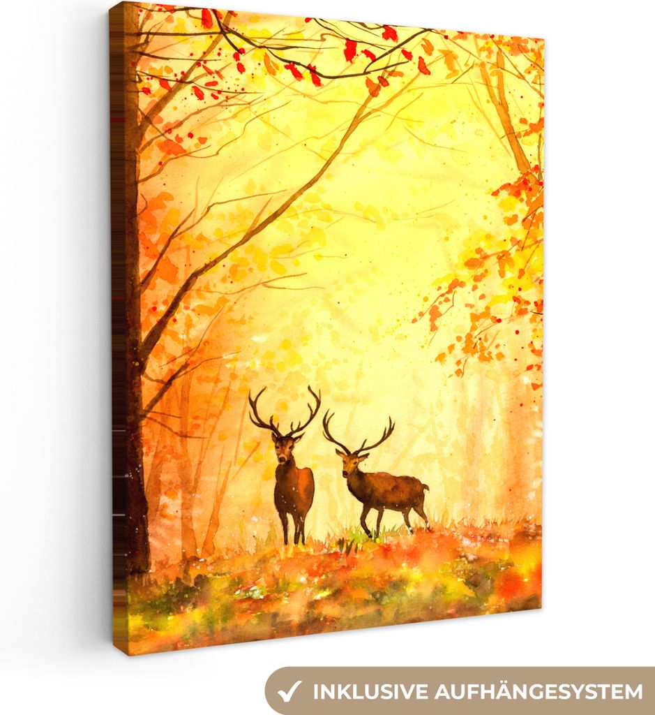 MuchoWow - Leinwandbilder - Natur - Ölfarbe - Hirsche - Tiere - Herbst - Orange, Wandbild, Wanddeko Bilder Wohnzimmer, 60x80 cm