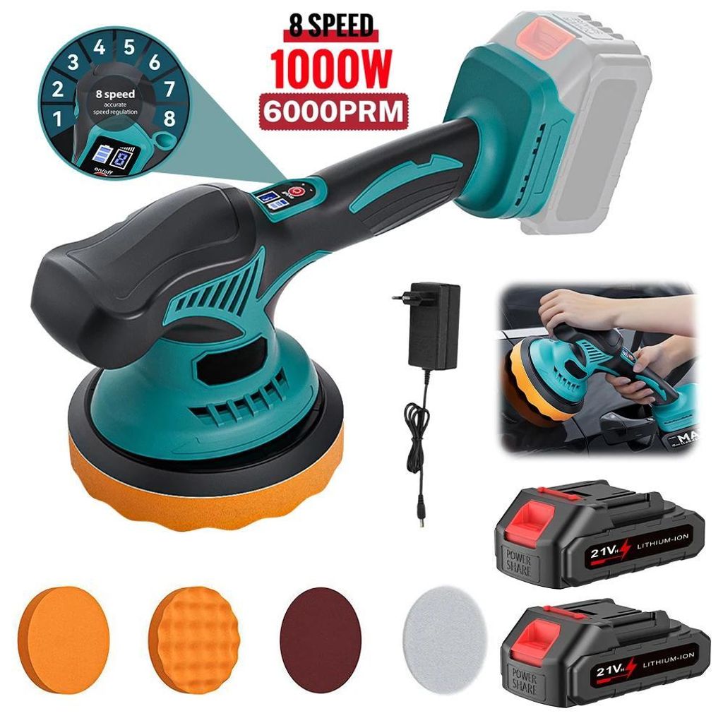 Autopolierer - Akku Rotations-Poliermaschine - 8 Stufen - Bis 6000 U/min - 150 mm Teller - 2x 21 V Akkus - EU-Ladegerät