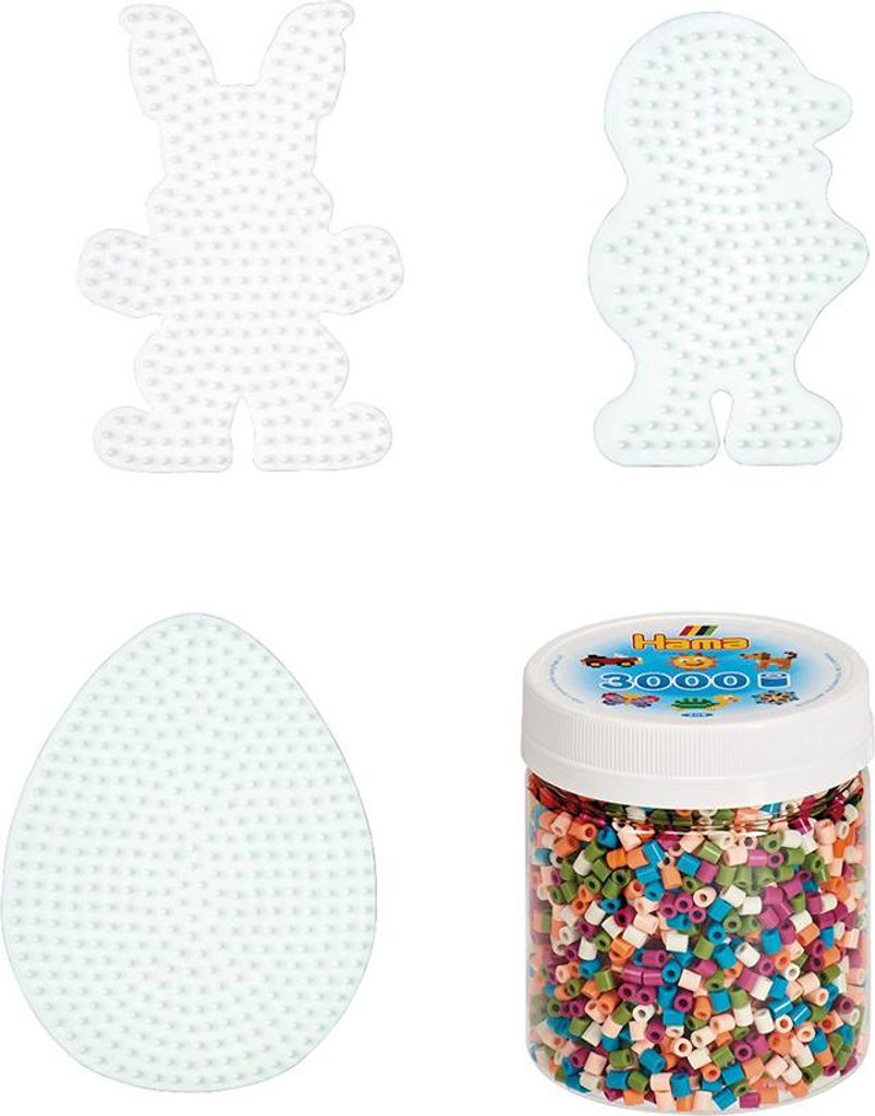 Hama Set Ostern Häschen, Ei & Küken mit 3.000 Midi-Bügelperlen und Stiftplatten, weiß