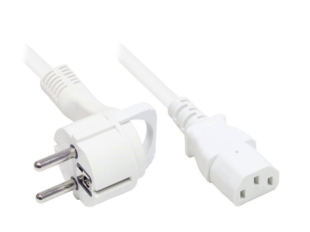 Netzkabel Schutzkontakt-Flachstecker Typ E+F (gewinkelt) an C13 (gerade), weiß, 1,00 mm², 2,5 m, Good Connections