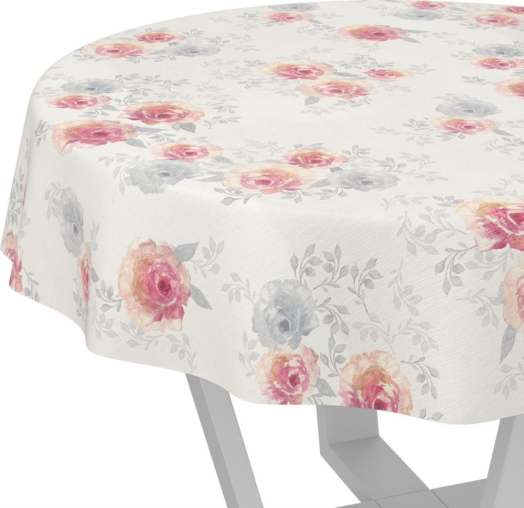Tischdecke Floral Rosen Beige Rosa Rund 120cm Schnittkante Wachstuch abwaschbar