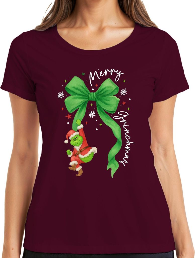 Merry Grinchmas Grinch Weihnachtsmann an grüner Schleife Christmas Damen T-Shirt, Burgundy, L