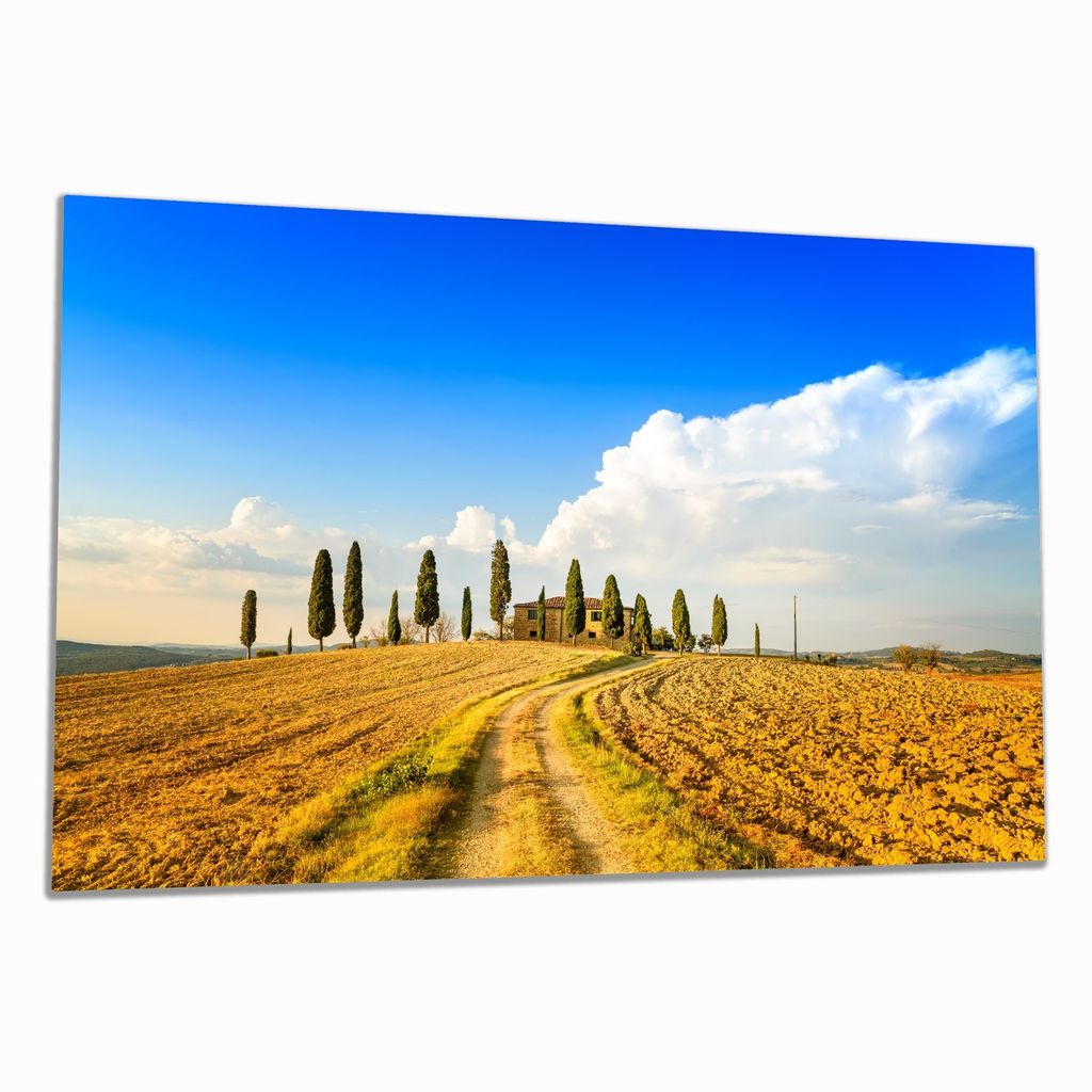 Wallario Herdabdeckplatte aus Glas, Größe 80 x 52 cm 1-teilig, Motiv Italien - Toskana unter blauem Himmel einsame Farm