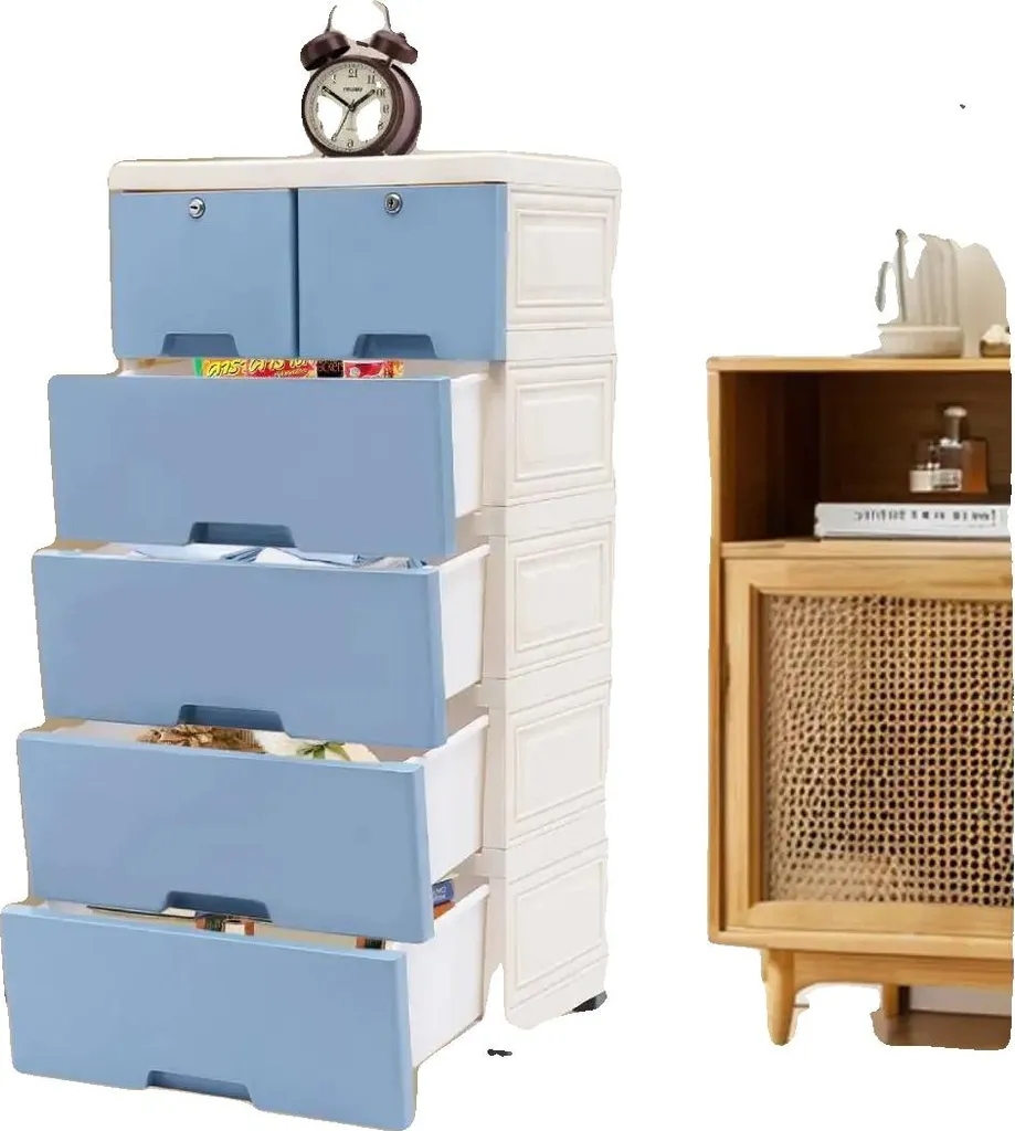 Tour de rangement avec 6 tiroirs bleus modulables pour la maison