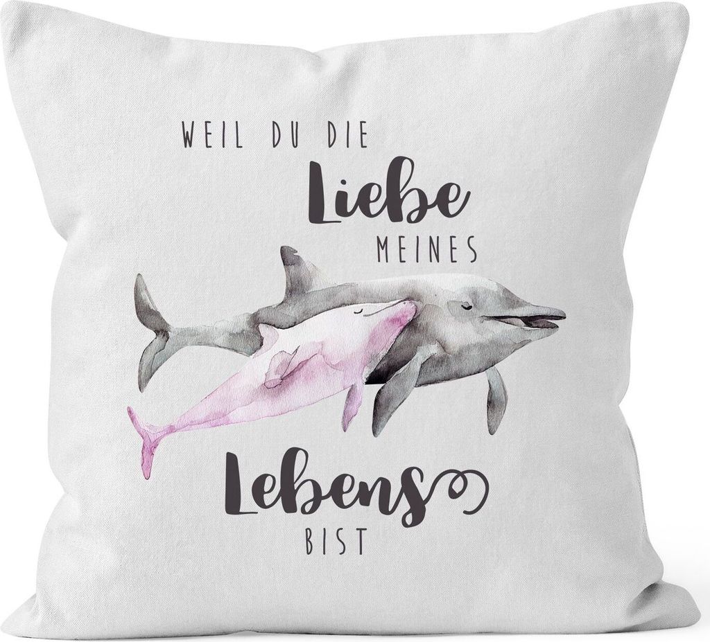 Kissen-Bezug Liebe meines Lebens Delfin Delphin Watercolor Liebe Spruch Geschenk Kissen-Hülle Deko-Kissen MoonWorks weiß unisize