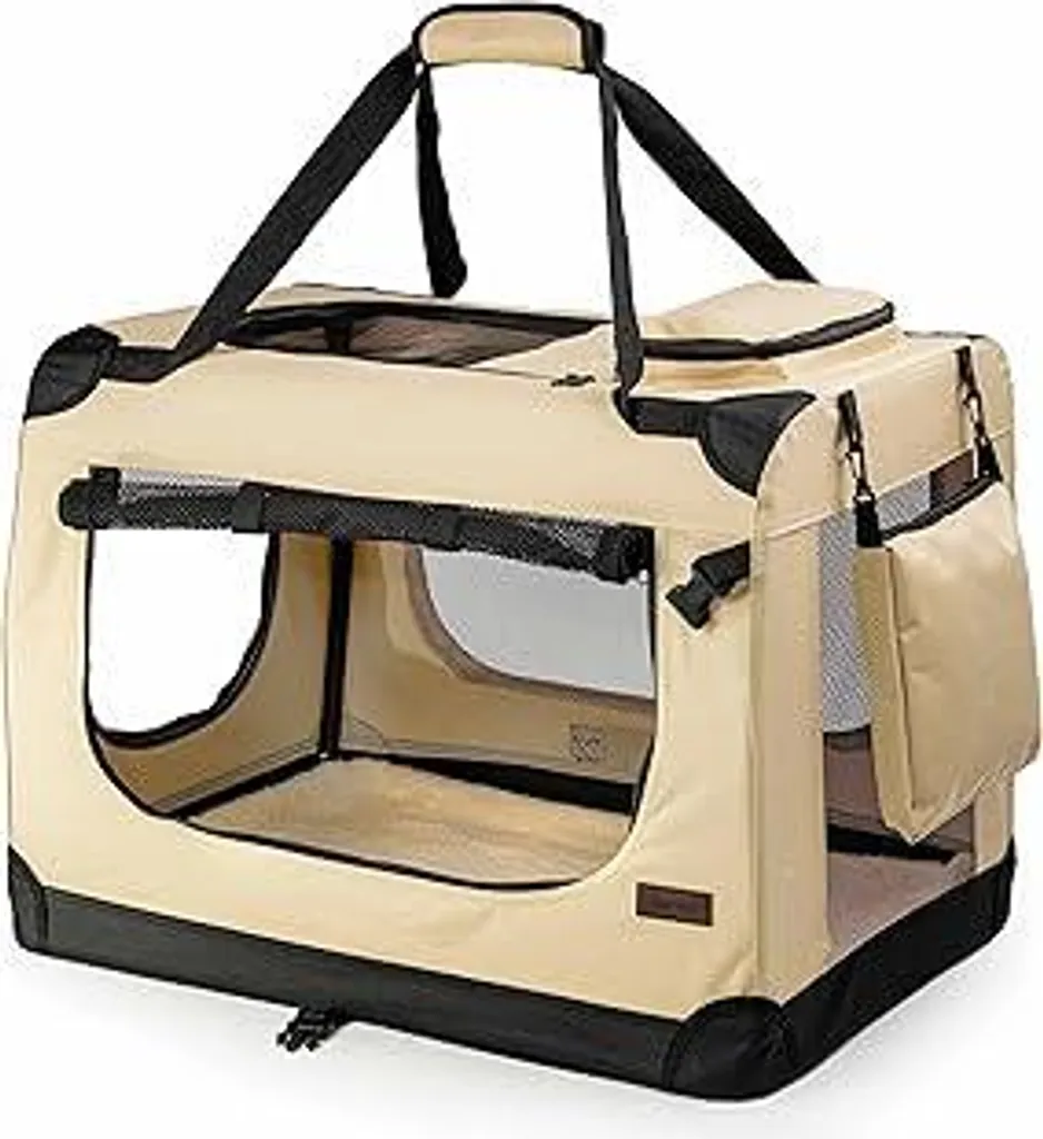 Trasportino pieghevole per cani Lionto per viaggi e auto, 50x34x36 cm, trasportino stabile con maniglie e coperta per gatti e cani fino a 10 kg, robusto trasportino in tessuto per cani di piccola e grande taglia, beige