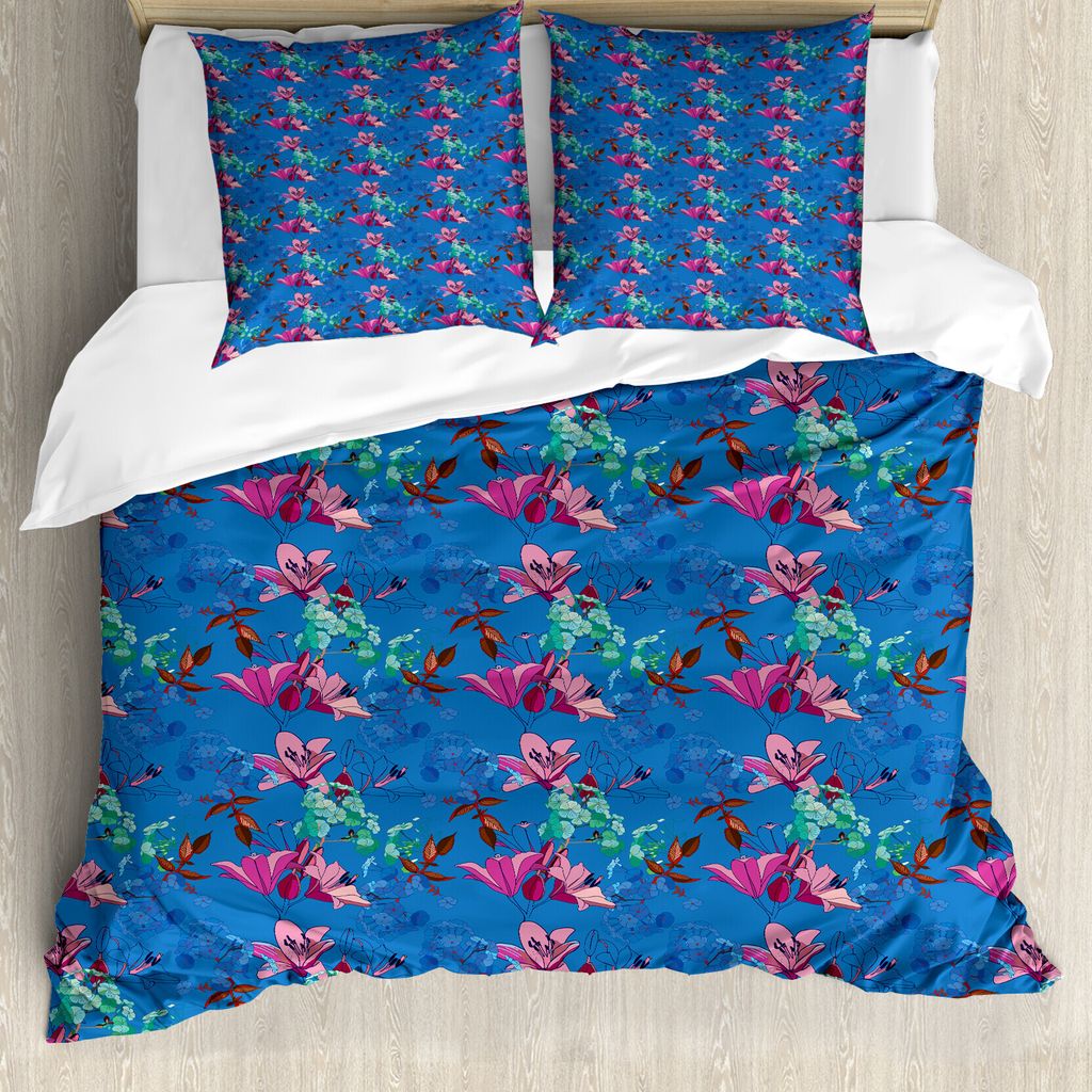 ABAKUHAUS Blumen Bettbezug Set für Einzelbetten, Blühende Lilien und Phloxes, Milbensicher Allergiker geeignet mit Kissenbezug, 155 cm x 220 cm -...