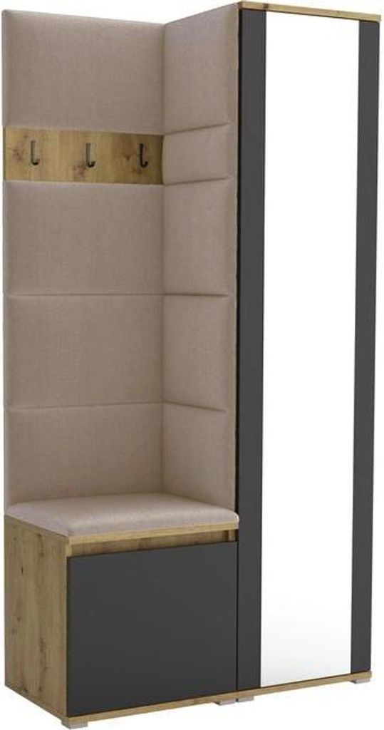 Garderoben-Set Noris VI mit Spiegel, gepolsterte Garderobe 95 cm, kompakte Flurmöbel mit Wandpaneelen, Haken und Stauraum (Farbe: Artisan Eiche/Sc...
