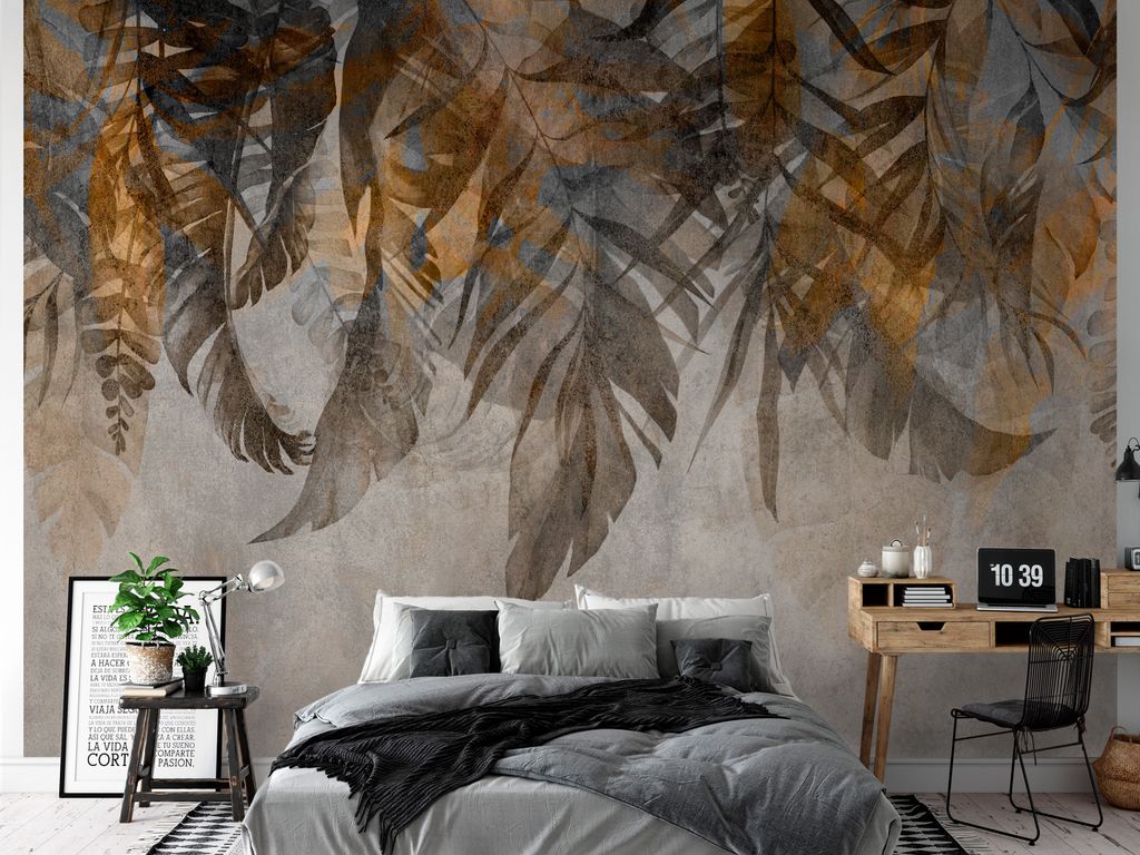 Vlies Fototapete Blätter 400x280 cm Tapeten Wandtapete XXL Natur Betonoptik Monstera Palmenblätter wie gemalt b-C-10232-a-a