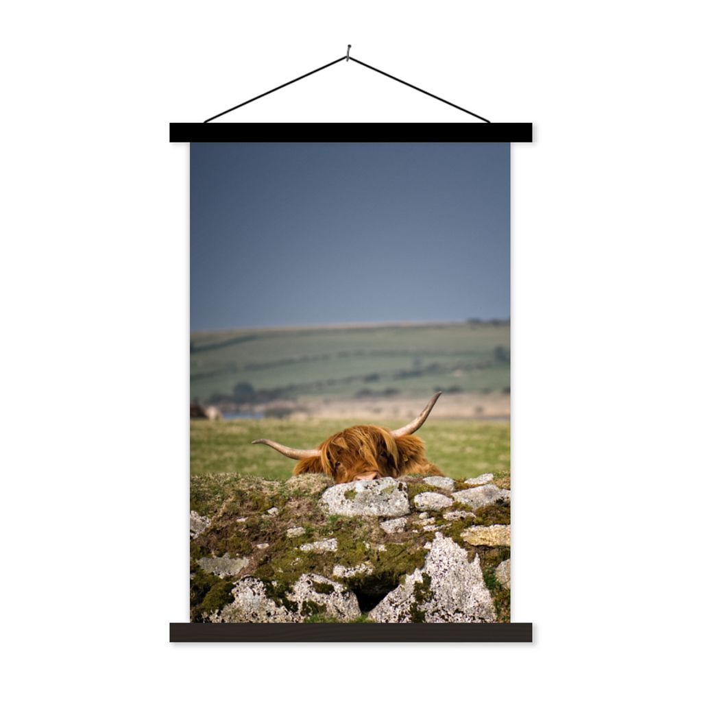 MuchoWow Textilposter Schottische Highlander - Steine - Gras 60x90 cm mit schwarzem Rahmen - Poster Wohnzimmer