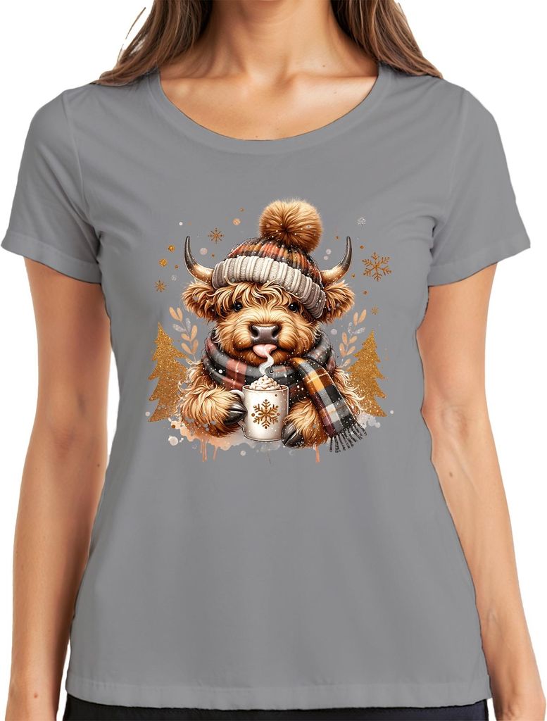 Highland Kuh Bommel Schal Becher Winter Weihnachten Geschenk Damen T-Shirt, Grau, M