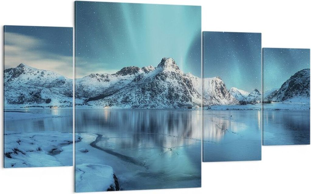 Bild auf Leinwand - Leinwandbild - 4 Teile - Morgendämmerung Polar Berge - 160x90cm - Wand Bild - Wanddeko - Wandbilder - Leinwanddruck - Bilder -...