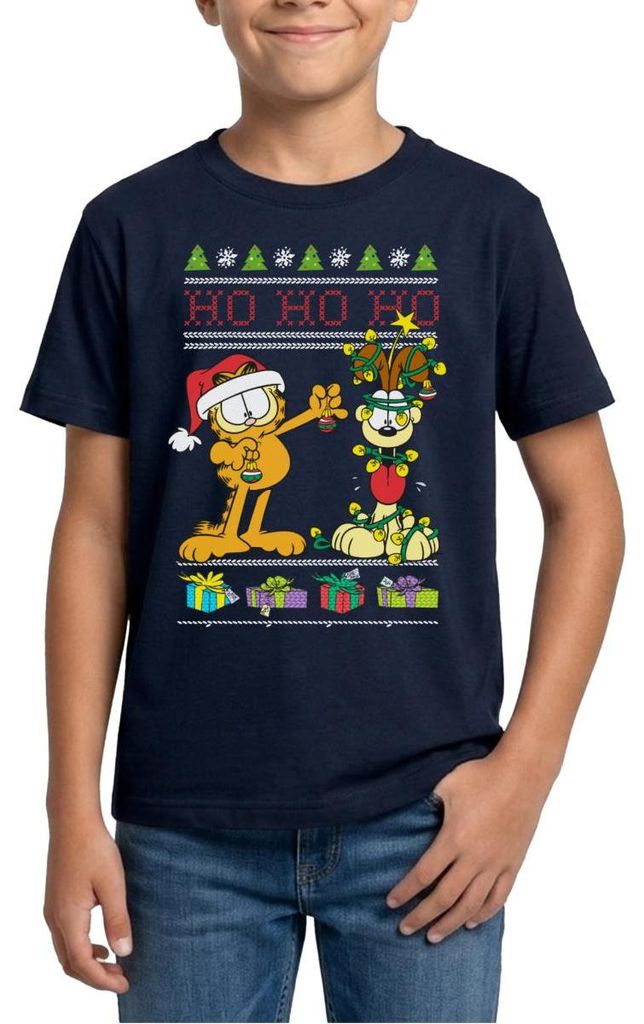 Spreadshirt Garfield Und Odie Hohoho Ugly Christmas Weihnachten Teenager T-Shirt, 134/146 (9-11 Jahre), Navy