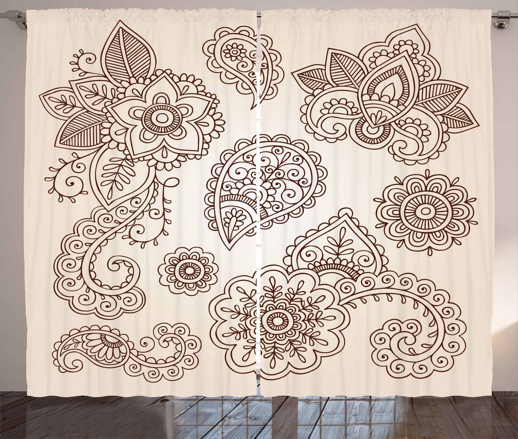 ABAKUHAUS Henna Rustikaler Vorhang, Monochrome Paisley Doodle, Wohnzimmer Universalband Gardinen mit Schlaufen und Haken, 280 x 175 cm, Beige Braun