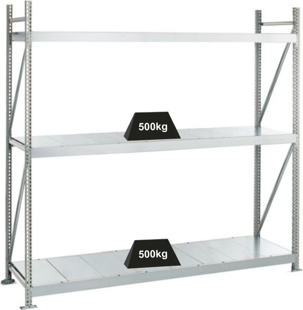 Schulte Weitspannregal mit Stahlpaneelen WS 3000 | Grundregal | HxBxT 200x250x60cm | 3 Ebenen | Fachlast 500kg | Verzinkt