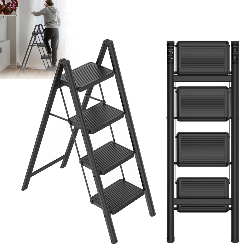 A person using a step ladder in a room and a separate image of a folded step ladder.