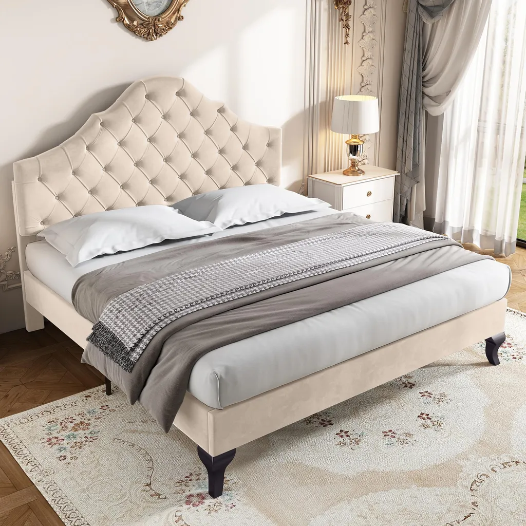 OKWISH Lit Double 140x190 cm Velours Beige avec Tête de Lit Réglable