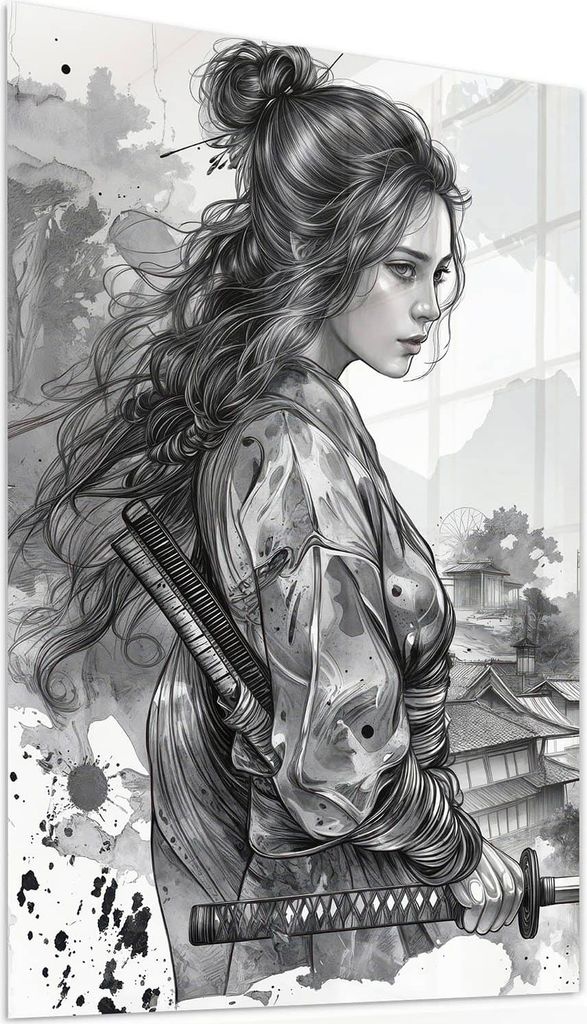 Glasbild 40x60cm in XXL für Wohnzimmer, Schlafzimmer Motiv Samurai Kriegerin Stadt