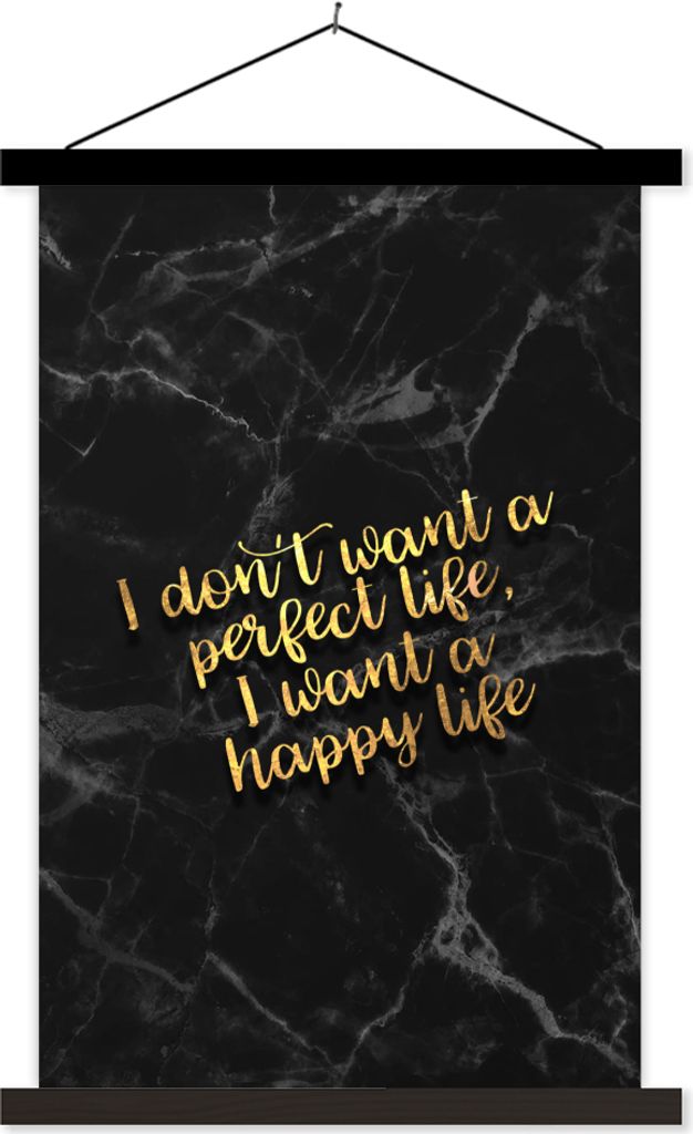 MuchoWow Textilposter Zitat - Glücklich - Gold - Marmor 40x60 cm mit schwarzem Rahmen - Wanddekorationen
