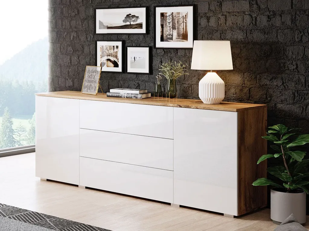 Buffet bas MERISA 150 bahut bicolore blanc brillant et chêne wotan