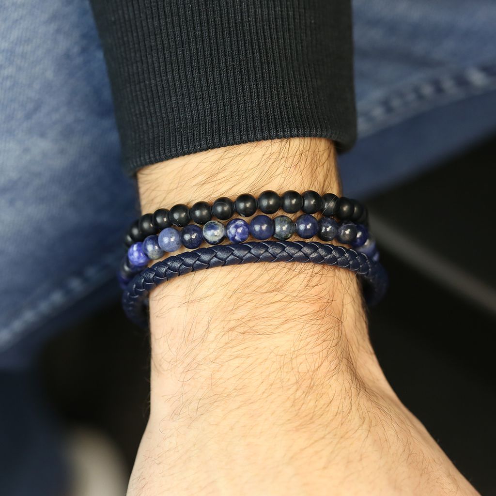 Frank 1967 7FB-0620 Rundes geflochtenes Lederarmband - 21cm - 1cm verstellbares Glied - 6mm Dicke - Stahlverschluss - Dunkelblau - Goldfarbe