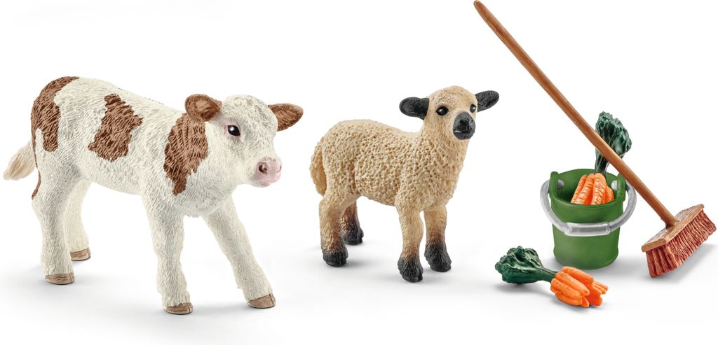 Schleich - Tierfiguren, Stallpflege mit Kalb und Schäfchen; 41422