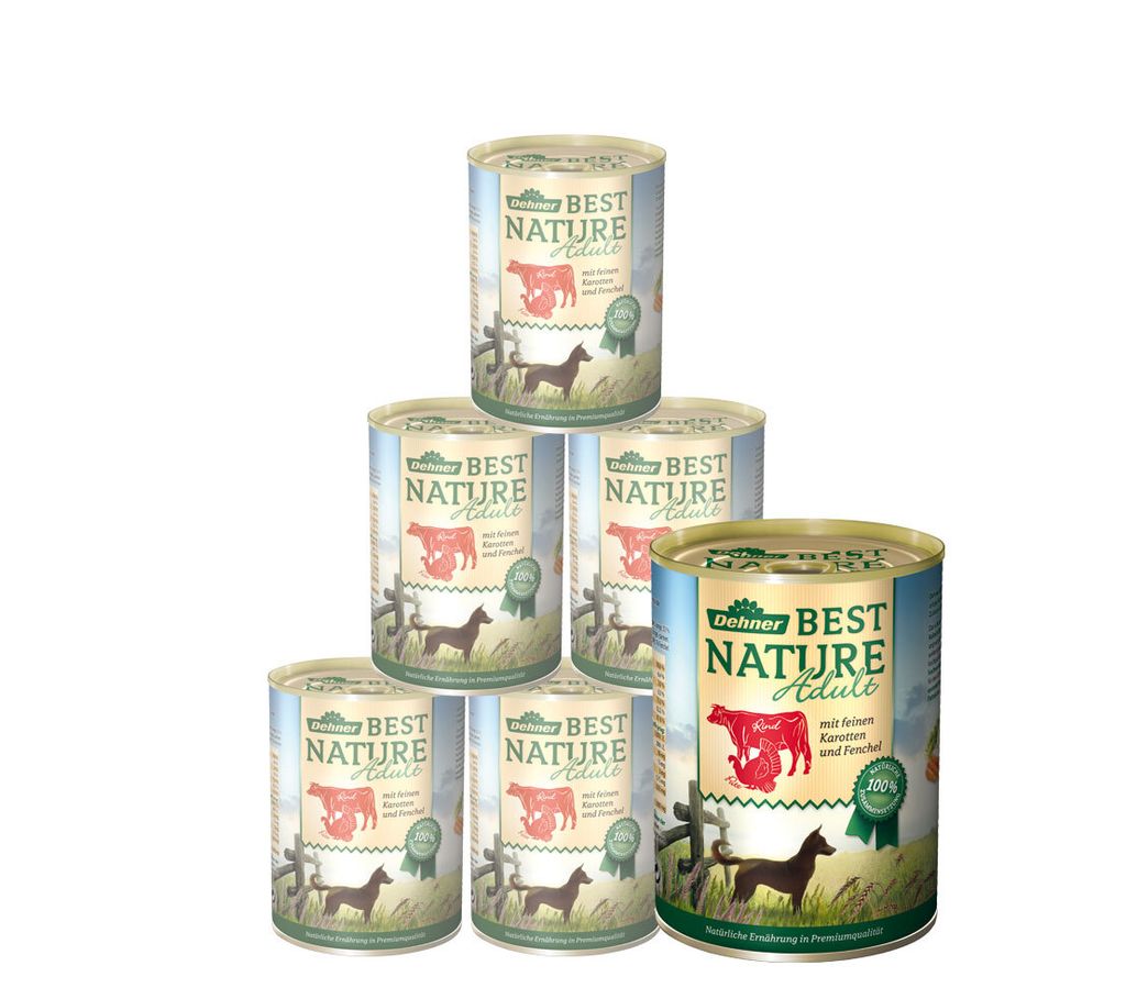 Dehner Best Nature Hundefutter, Nassfutter getreidefrei, für ausgewachsene Hunde, Rind / Pute / Karotten, 6 x 400 g Dose (2.4 kg)