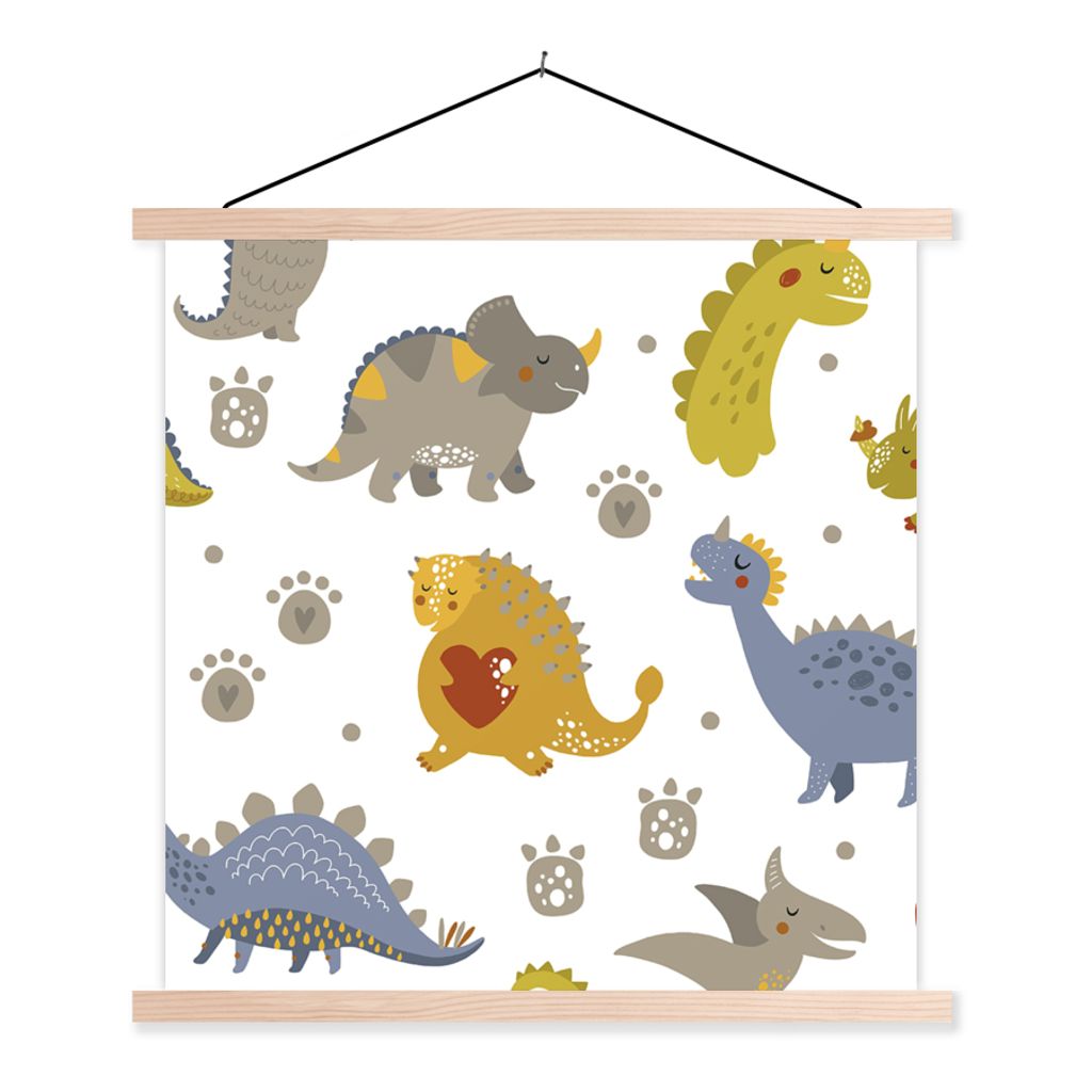 MuchoWow Textilposter Dinosaurier - Kinder - Design - Jungen - Mädchen - Kinder 60x60 cm mit holzfarbenen Rahmen - Wanddekoration