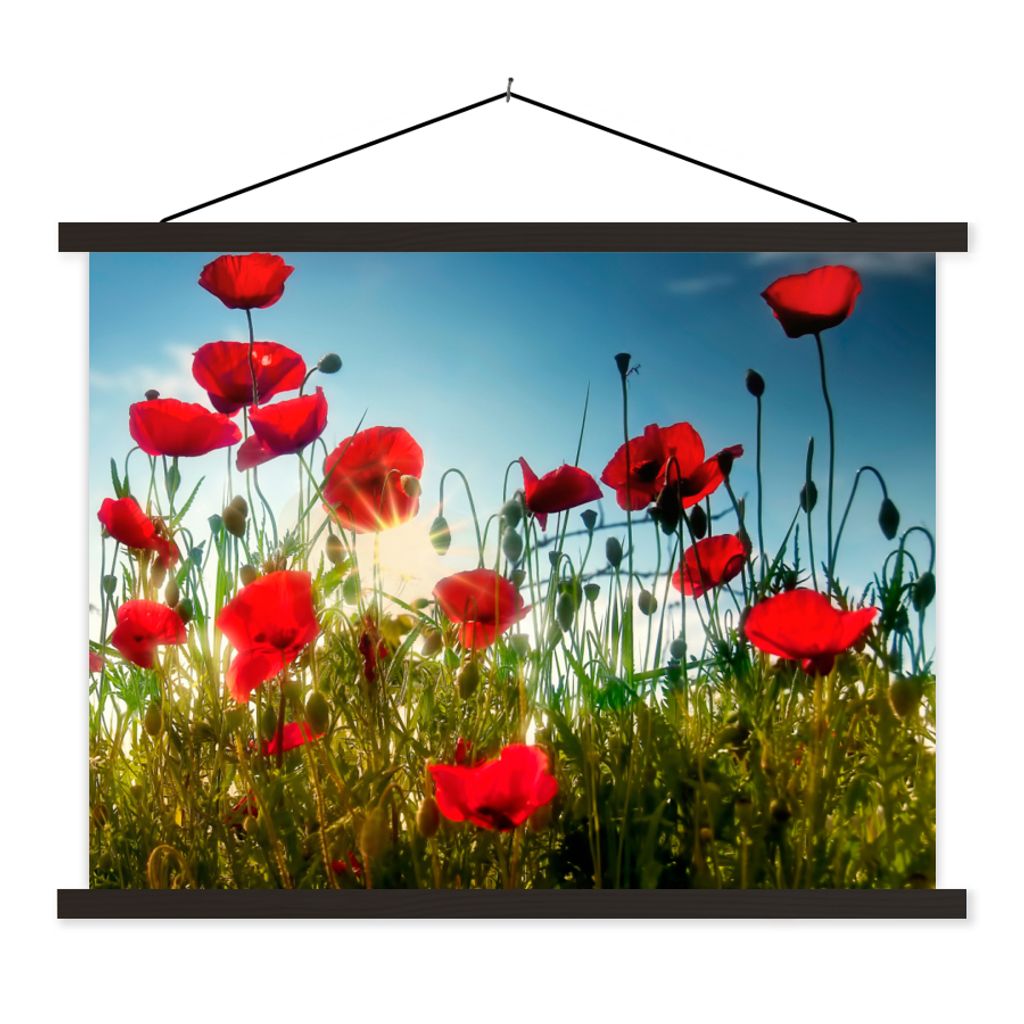MuchoWow Textilposter Mohnblumen - Toskana - Sonne - Rot - Blau 150x113 cm mit schwarzem Rahmen - Wohnzimmer