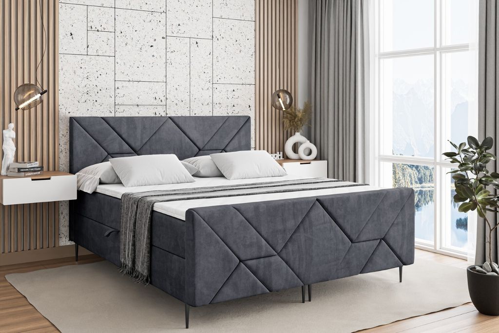 ALTDECOR Boxspringbett mit Schwarz Füßen, Matratze und Lattenrost, Topper, Fußteil, Polsterbett mit Bettkasten, Bett mit Stauraum H3-Matratze, D...