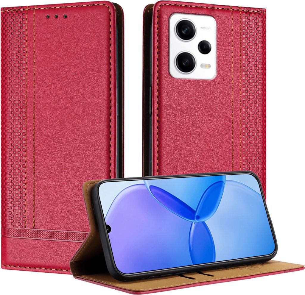 Handyhülle für Xiaomi Redmi Note 12 Pro+ 5G Leder Flip Klappbare Schutzhülle mit Standfunktion Rot