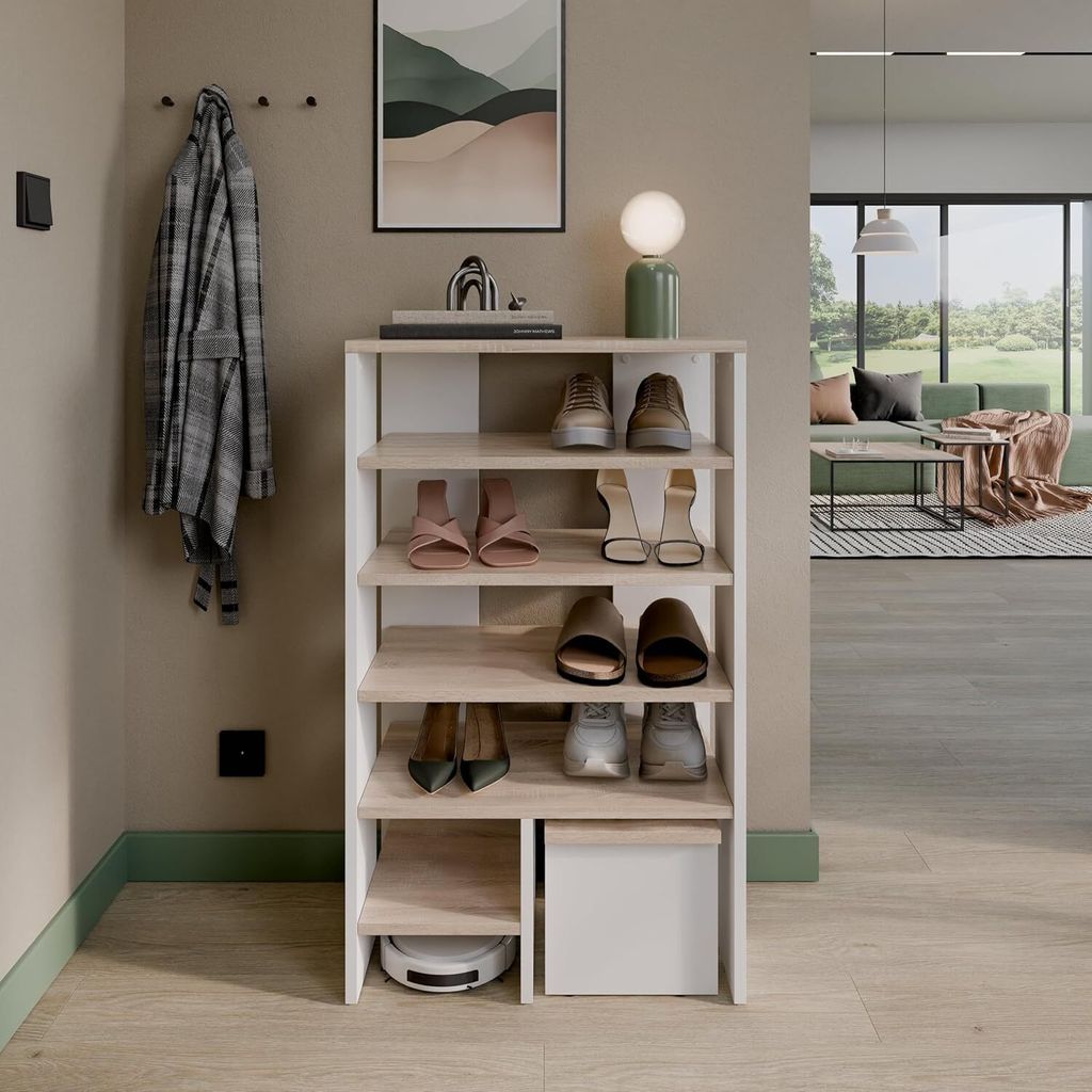 PLATAN ROOM Schuhschrank 100x60x35 Schuhregal mit Sitz Schuhablage mit 6 Ebenen Weiß / Sonoma Eiche
