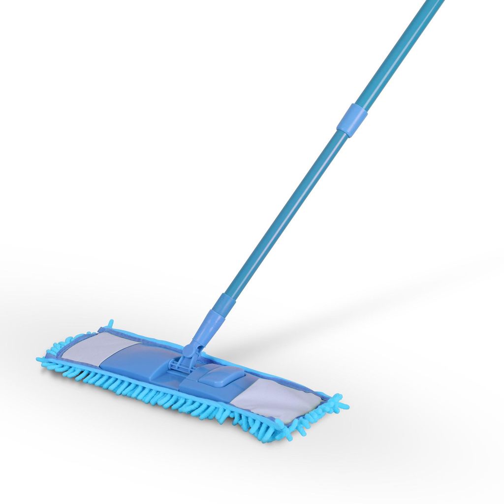 Bodenwischer Set ( Hellblau ) mit Chenille Bezug - Wischmopp mit Fußklick 360 Grad Gelenk für alle Ecken - Komfort Bodenreiniger Flachmopp Wischmopp