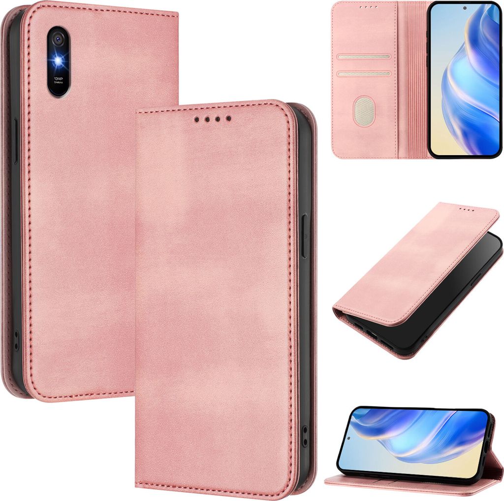 Handyhülle für Xiaomi Redmi 9A, Vintage Leder RFID Schutz Kartenfach Standfunktion Magnetische Klapphülle Pink