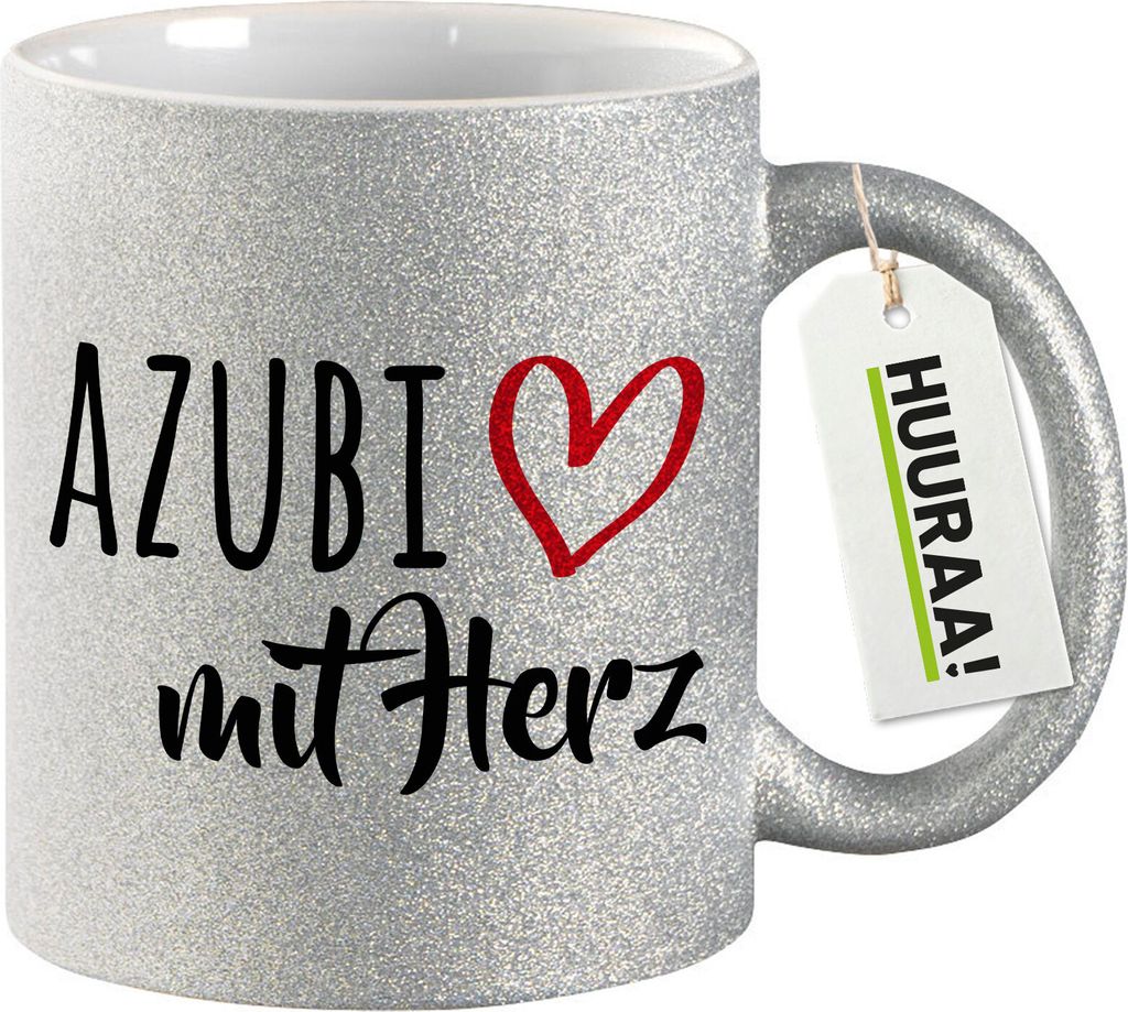 Huuraa Glitzertasse Azubi mit Herz 330ml Silber Keramik Kaffeebecher Geschenkidee