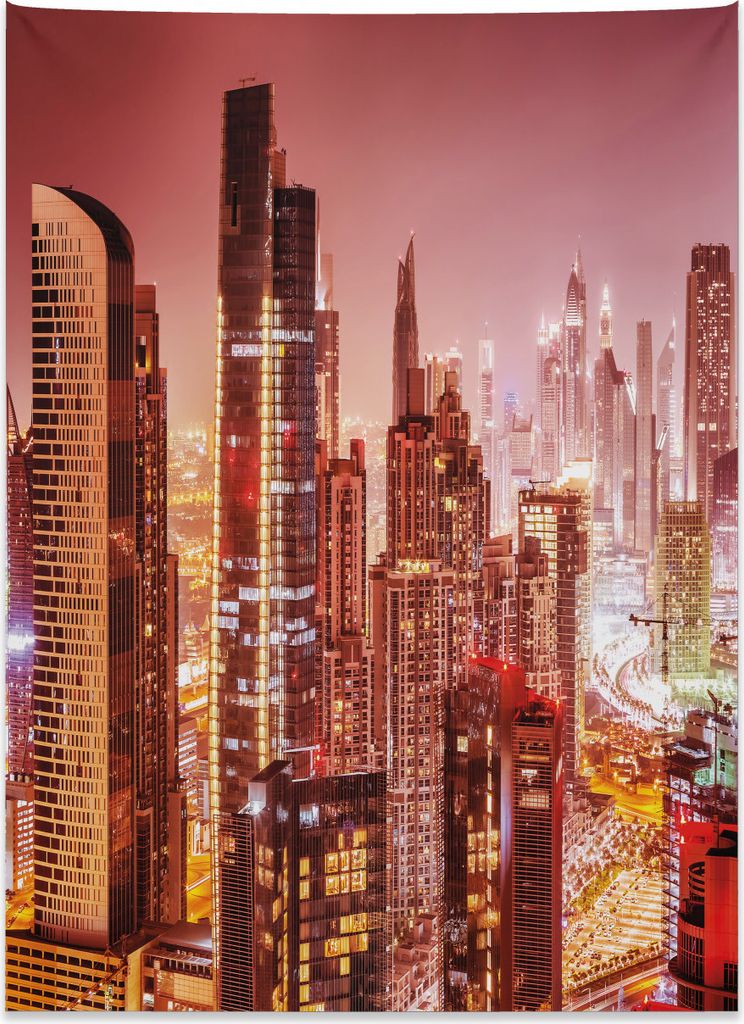 Abakuhaus Reise Wandteppich, Dubai Nacht Stadtbild aus Weiches Mikrofaser Stoff Kein Verblassen Klare Farben Waschbar, 110 x 150 cm, Mehrfarbig