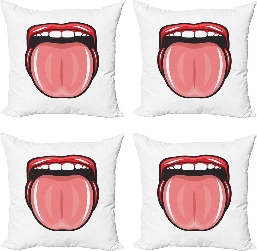 ABAKUHAUS Lippen Kissenbezug Set (4 Stück), Offener Mund Zunge heraus Bild, Moderner Doppelseitiger Digitaldruck, 45 cm x 45 cm, Scarlet Coral und...