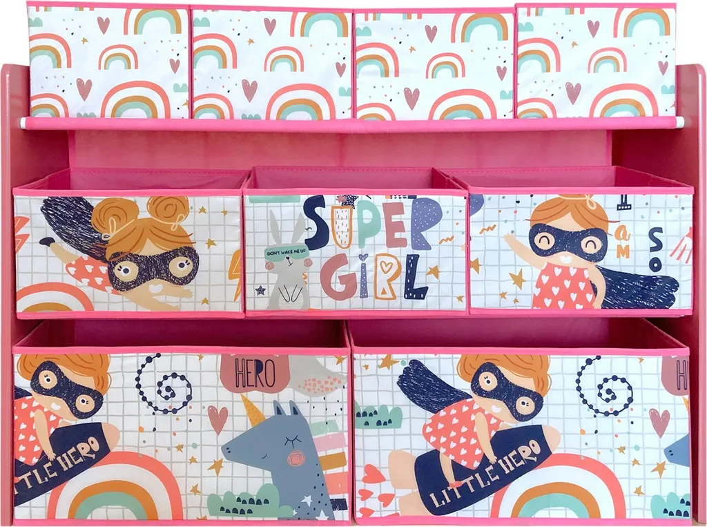 Étagère en bois Super Girl et 9 paniers de rangement souples pour fille